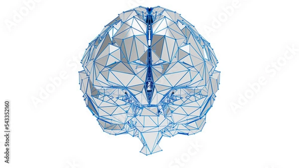 Fototapeta Metallic abstract polygonal human brain. Low poly blue wire frame mesh and dot on white board. Concept 3D CG of knowledge network of mankind, inspiration for invention and explosive ideas. PNG file.