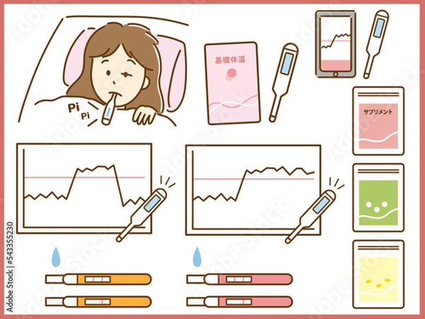 Obraz 妊活の基礎体温、サプリ、検査薬のイラスト