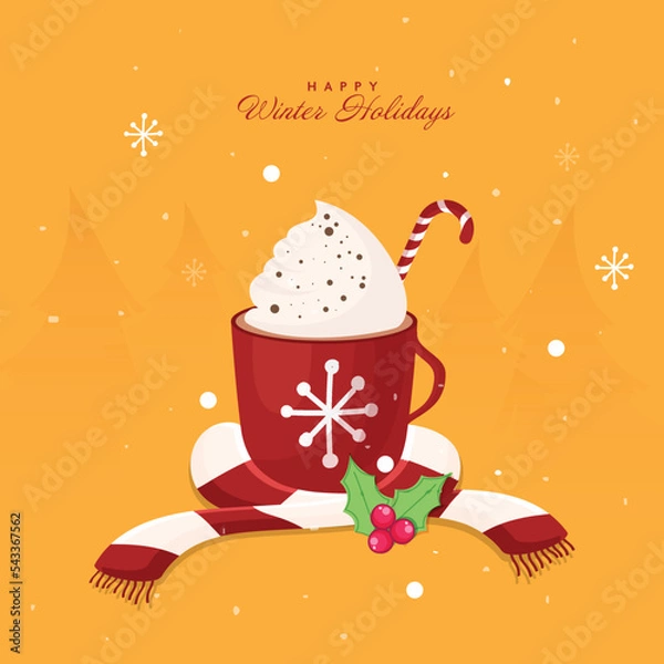 Fototapeta Happy Winter Holidays Poster Design With Whipped Cream Cocoa Cup, Candy Cane, Wool Scarf And Holly Berry On Orange Snowfall Background.