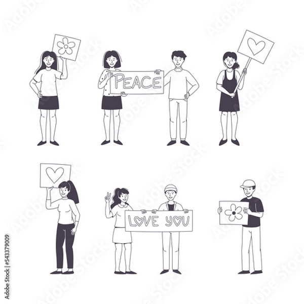 Fototapeta Man and Woman Character Partaking in Demonstration for Peace with Placard Vector Set