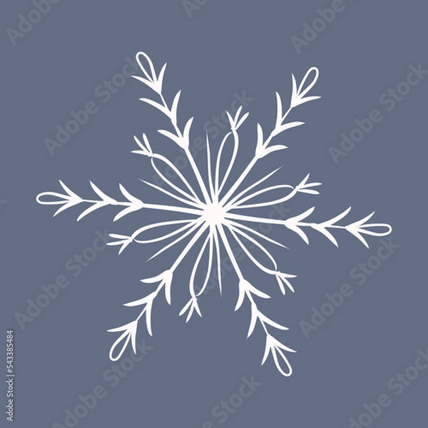 Fototapeta Snowflake in doodle style, winter holiday decoration on background.