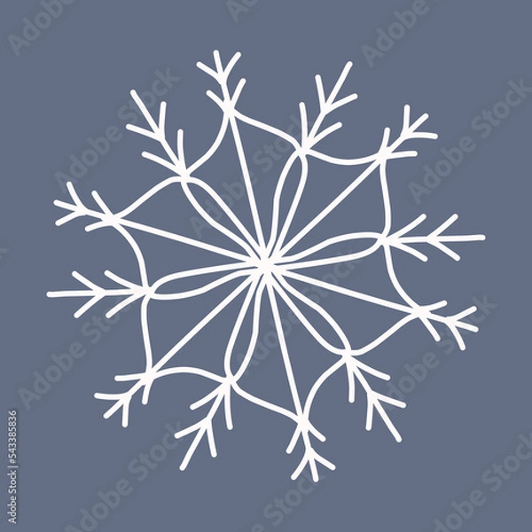 Fototapeta Snowflake in doodle style, winter holiday decoration on background.