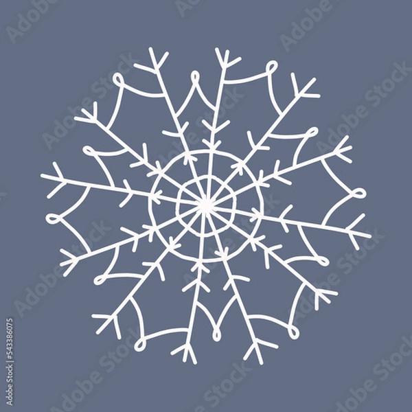 Fototapeta Snowflake in doodle style, winter holiday decoration on background.