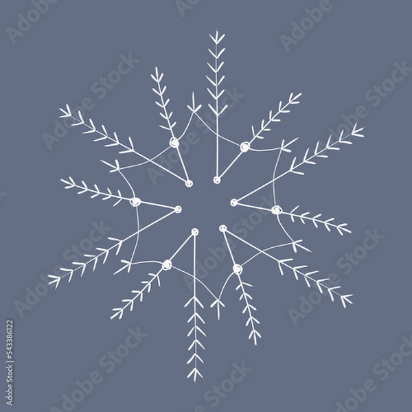 Fototapeta Snowflake in doodle style, winter holiday decoration on background.