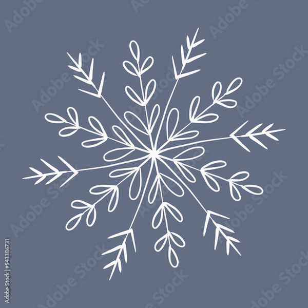 Fototapeta Snowflake in doodle style, winter holiday decoration on background.