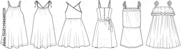 Obraz girls strappy dress flat sketch vector illustration a line summer beach dress, sundress technical cad drawing template
