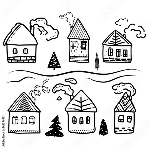 Fototapeta Set with Christmas snow houses in doodle style.