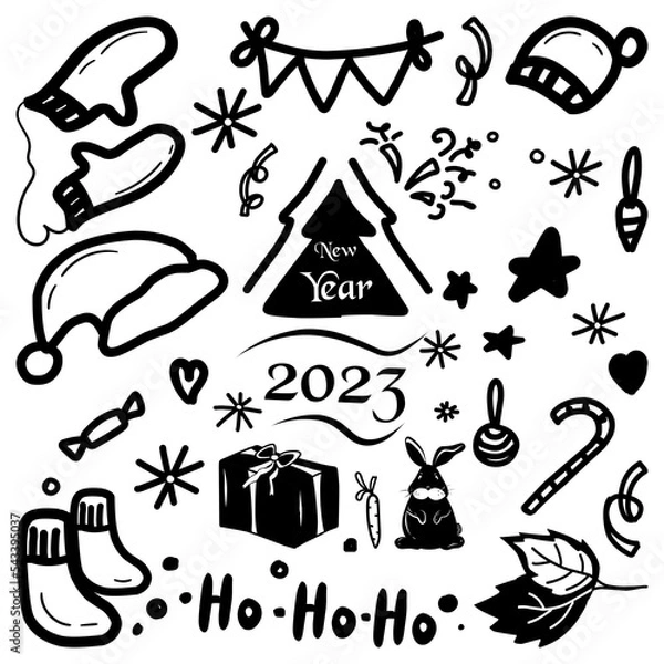 Obraz Set with Christmas elements in doodle style.