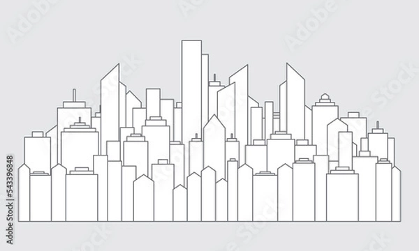 Fototapeta Flat urban cityscape. Downtown landscape with high skyscrapers. Silhouette, architecture abstract panorama isolated outline. Great city map creator. Vector illustration.