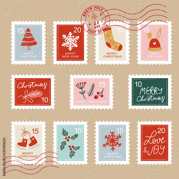 Obraz Hand drawn christmas postage stamp collection.