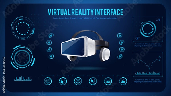 Fototapeta Realistic 3d Virtual Reality headset. Futuristic display interface with data elements