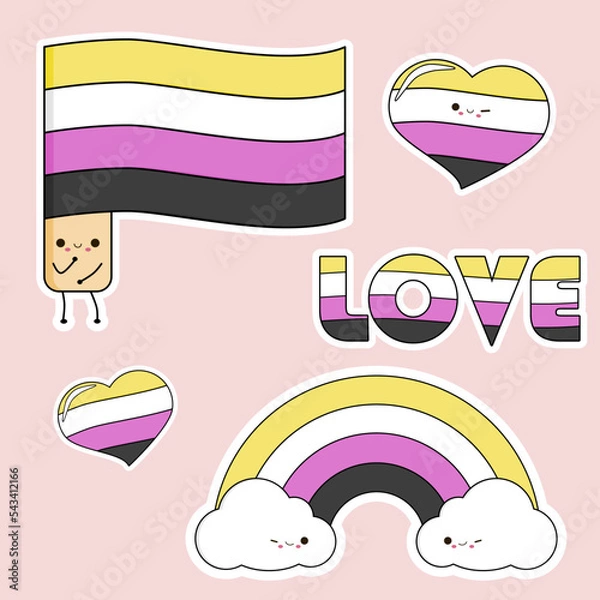 Fototapeta Non-binary flag, love, hearts LGBT+, kawai, cute items.