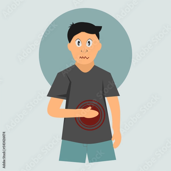 Fototapeta indigestion, nausea and vomiting, pain in the abdomen and stomach, ulcer, biliary colic, side effect, sick person holding his stomach with his hand, eating stale food and alcohol, health problems