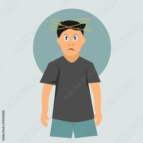 Fototapeta dizziness, drug side effect, man has stars flying over his head, headache, cold, flu, intoxication, big man, health problems, vertigo disease, giddiness, foggy consciousness, disease symptom