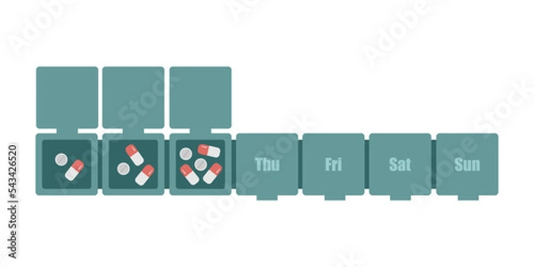 Fototapeta pill box, medication schedule, pills and capsules for every day, daily medication schedule, pillbox, pill organizer plastic container, first aid kit isolate on white background, pharmacology