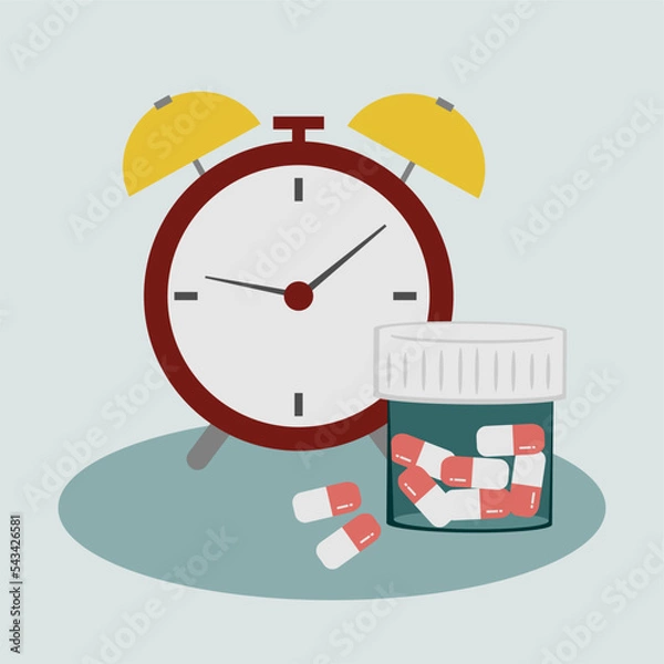 Fototapeta Medication time, pill schedule, medication schedule, alarm clock and pill pack, capsule jar, time supplement intake, course of treatment, vitamin bottle, home first aid kit, treatment with pills