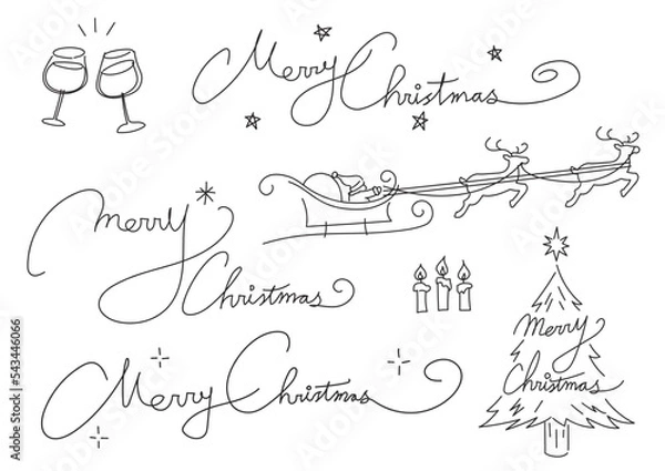 Obraz 筆記体のメリークリスマス文字、サンタクロースとトナカイ、乾杯、ろうそくなどのクリスマスに使いやすいあしらいセット