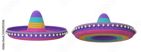 Fototapeta Set of two hats multicolored sombrero on a white background, 3d render