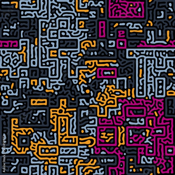 Fototapeta Vector seamless pattern, abstraction and goosebumps, colored geometry, labyrinths, passages, illusion and spreading, particles and worms.