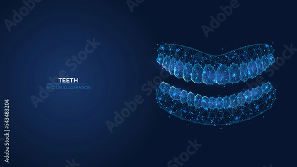 Fototapeta Futuristic abstract symbol of the upper and lower row of teeth. Wireframe dental clinic concept. Low poly geometric 3d wallpaper background vector illustration.