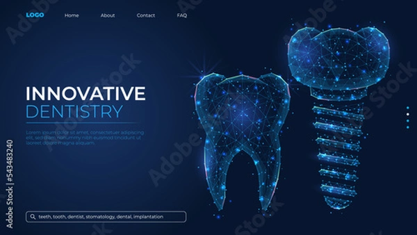 Fototapeta Futuristic abstract symbol of a tooth and dental implant. Wireframe dental clinic concept. Low poly geometric 3d wallpaper background vector illustration.