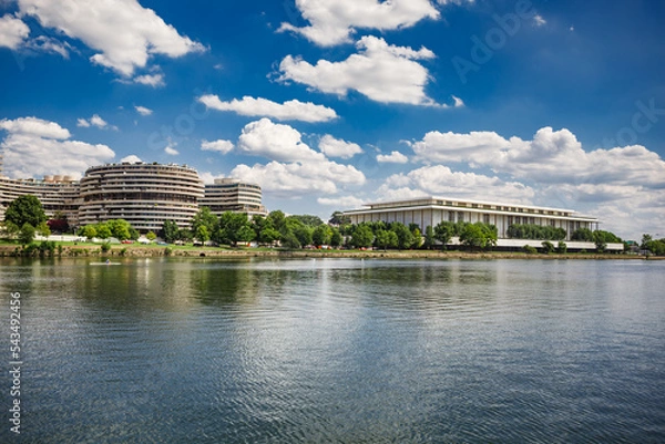 Obraz The Watergate Hotel and John F. Kennedy Center for the Performing Arts from the Potomac River in Washington, DC