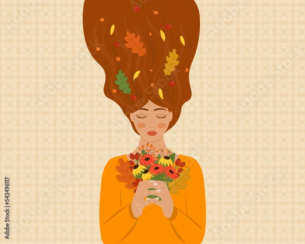 Obraz Vector illustration of a female with flowers and autumn elements in her hair. cute autumn illustration. Vector template for card, poster and other use.