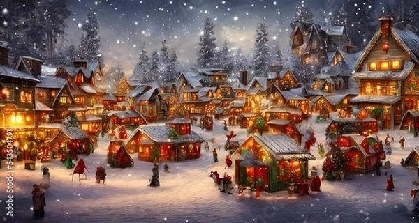 Obraz The winter christmas village is a beautiful sight. The snow is freshly fallen and the houses are decorated with lights and wreaths. The villagers are out and about, enjoying the festive atmosphere.