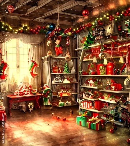 Fototapeta It's a cold winter day and the Christmas toy factory is busy at work. The elves are hard at work making toys for all the good girls and boys while the reindeer wait patiently to take them on their jou