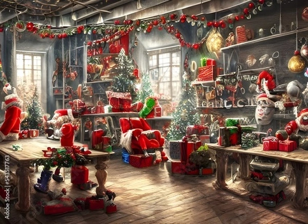 Fototapeta The Christmas toy factory is a busy place. filled with the hustle and bustle of elves working hard to create toys for boys and girls around the world. The atmosphere is one of excitement and happiness