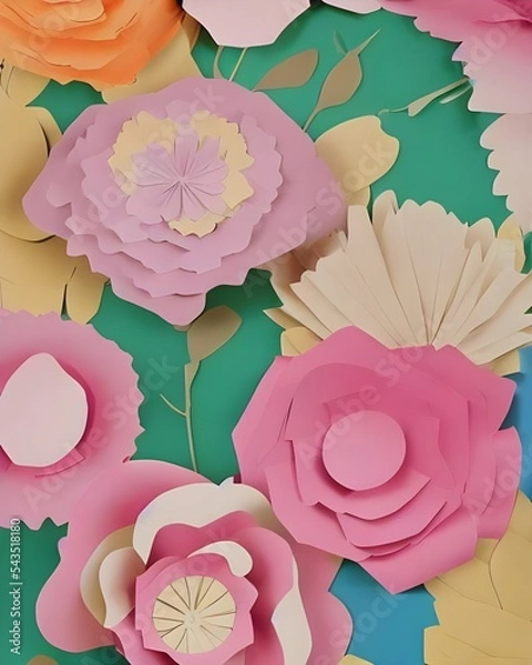 Fototapeta A beautiful design of paper flowers on a white background. The colors are vibrant and the petals look realistic.