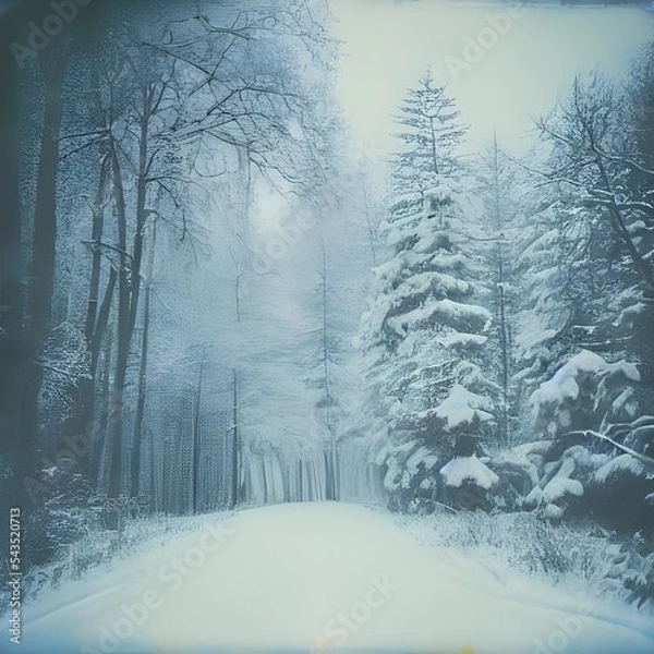 Obraz The Polaroid winter forest is a beautiful sight. The trees are covered in snow and the air is crisp and cold. The sun is shining off of the freshly fallen blanket of white, making the scene even more 