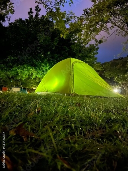 Fototapeta tent in the forest with a light inside overnight 