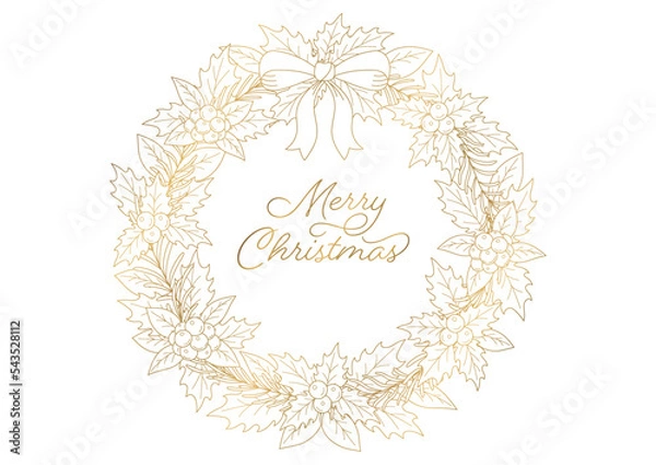 Fototapeta クリスマスリースの線画イラスト, デザインフレーム, クリスマスの装飾, 白背景に金色の線画.