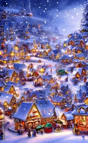 Obraz In the village, houses are blanketed in snow and Fairy lights wink from every window. Pines trees line the streets and a church spire pierces the sky. It's as if time has frozen still and only magic e