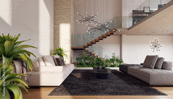 Fototapeta Illustration 3D rendering large luxury modern bright interiors Living room mockup computer digitally generated image