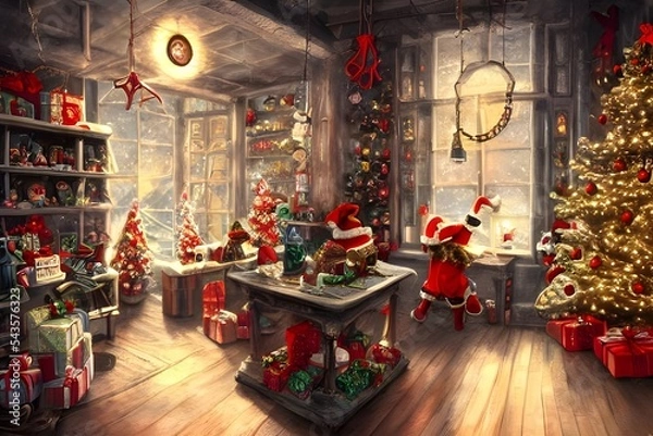 Obraz It's a cold winter night and the toy factory is bustling with activity. The elves are busy at work, wrapping presents and assembling toys. Santa Claus is in his office, going over his list one last ti