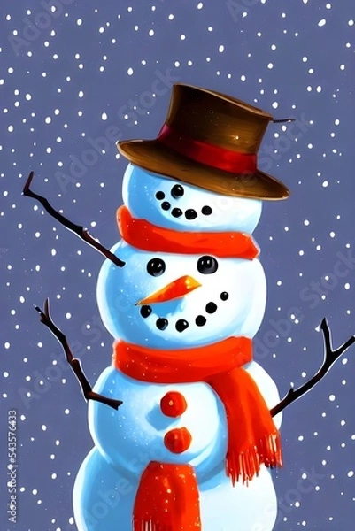 Fototapeta A cute snowman made out of snow is sitting in a field of snow.