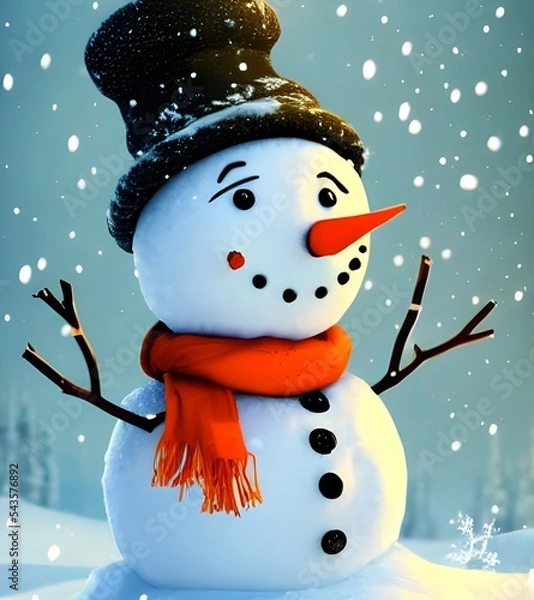 Obraz A cute snowman sits in the snow, looking up at the sky with a happy expression. His round body is made of soft, white snow, and he has two black buttons for eyes. His carrot nose sticks out from his