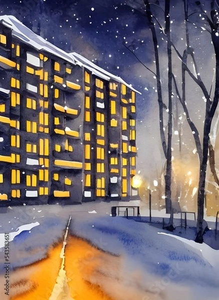 Obraz The watercolor apartment buildings are a beautiful sight against the winter nighttime sky. The stars shining bright above them make them look even more magical.