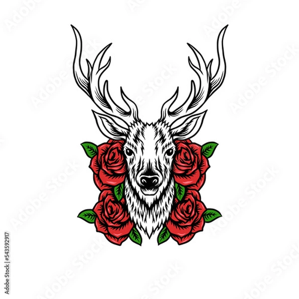 Obraz Deer head with roses vector illustration