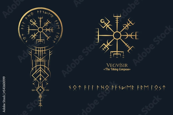Obraz Golden Viking symbols of vegvisir and runes  on black background. Vector illustration, pagan norse design. 