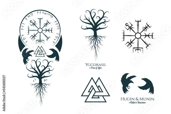 Fototapeta Viking symbols isolated set. Magic collection of scandinavian  signs vegvisir, valknut, celtic tree of life, Odin’s Ravens. Vector illustration for  tattoo, print and t-shirt design.