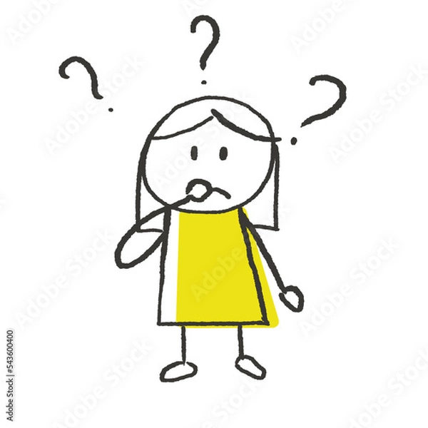Fototapeta Illustration of a sad woman with question marks around her. 