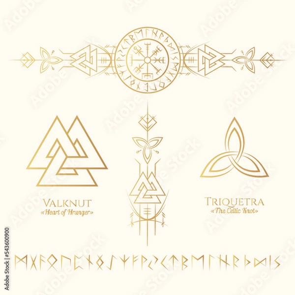 Fototapeta Viking runes and symbols golden collection. Hand drawn isolated set of  pagan norse sign vegvisir, valknut, triquetra, runic circle. Scandinavian vector illustration.