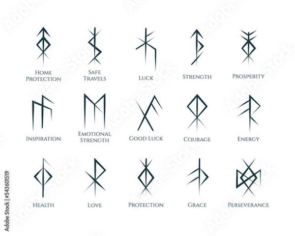 Obraz Viking Bind Runes isolated set. Mystical norse symbols collection with meanings. Scandinavian vector illustration for esoteric, fortune telling and tattoo.