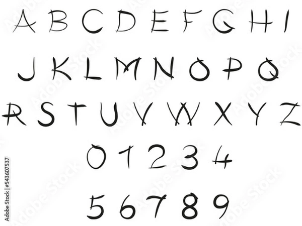 Fototapeta Hand drawn free style font, vector alphabet and numbers