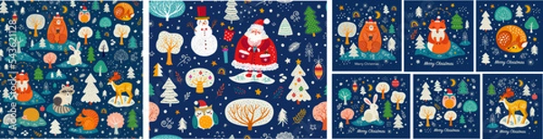 Fototapeta Christmas collection with seamless patterns and greeting cards