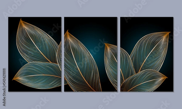 Fototapeta Set of 3 canvases for wall decoration in the living room, office, bedroom, kitchen, office. Home decor of the walls. Luxurious floral background with golden leaves monstera. Element for design. 