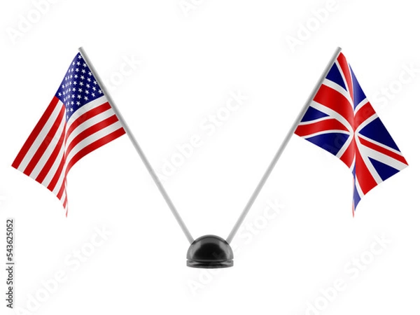 Fototapeta Stand with two national flags. USA and Great Britain flags. Isolated on a transparent background. 3d render